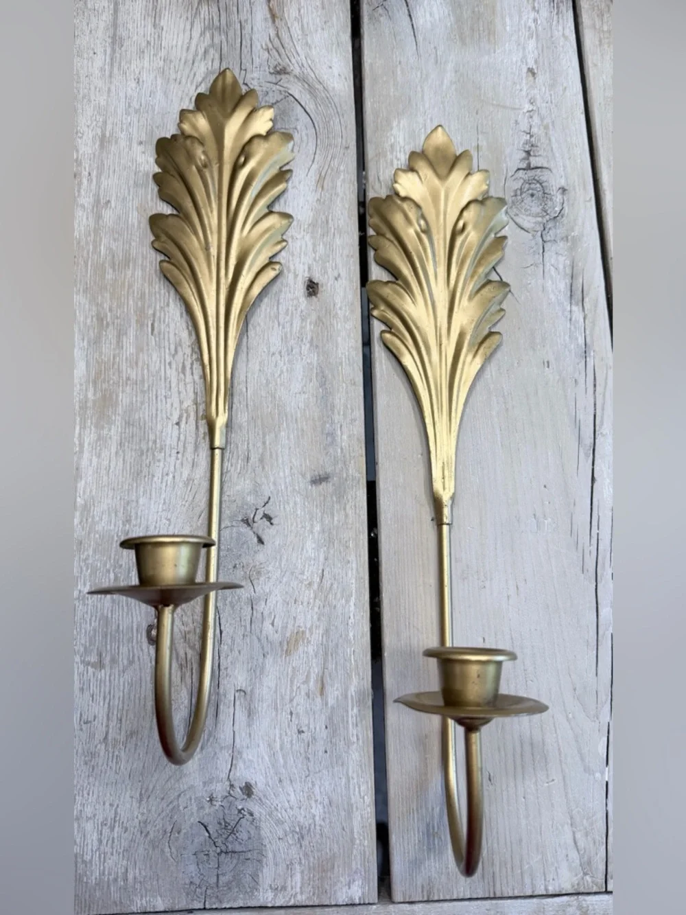 2 Vintage Gold Tone Acanthus Leaf Wall Candle Sconces | Holders. MCM | 70’s
